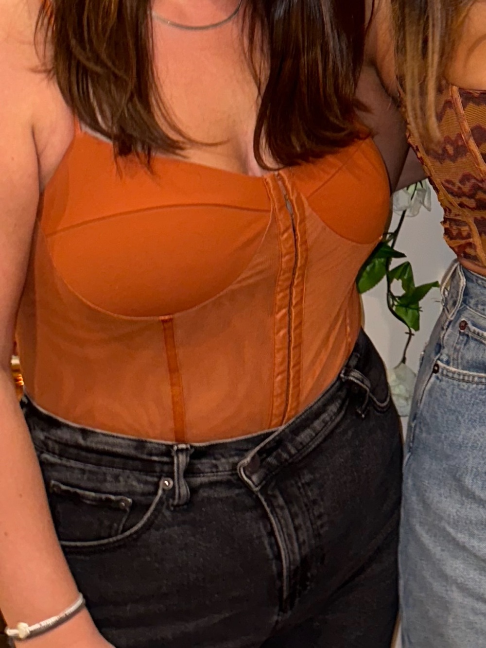 Free People Night Rhythm Corset Bodysuit -  Rust Orange Mesh Boned Bustier
